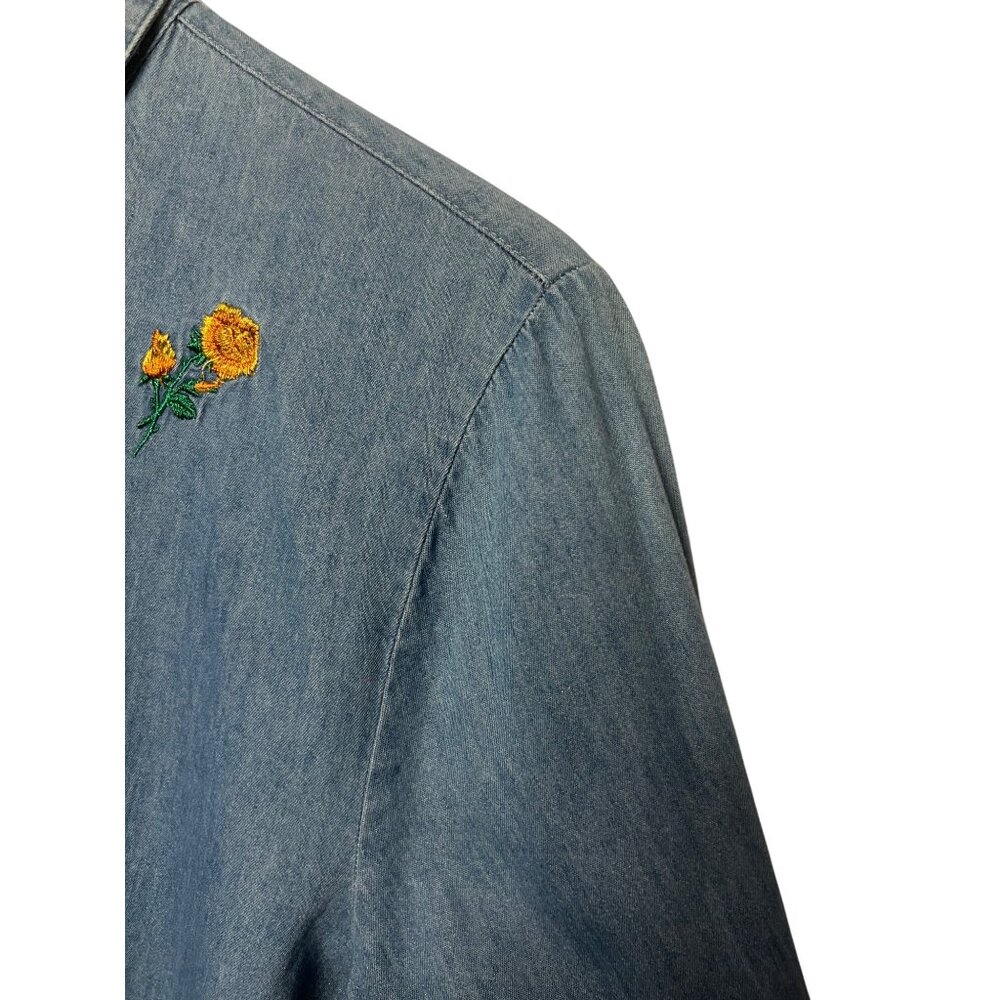 VTG Harper Heritage Women XL Denim Shirt Yellow Rose Embroidery Asymmetrical Hem - Picture 7 of 16